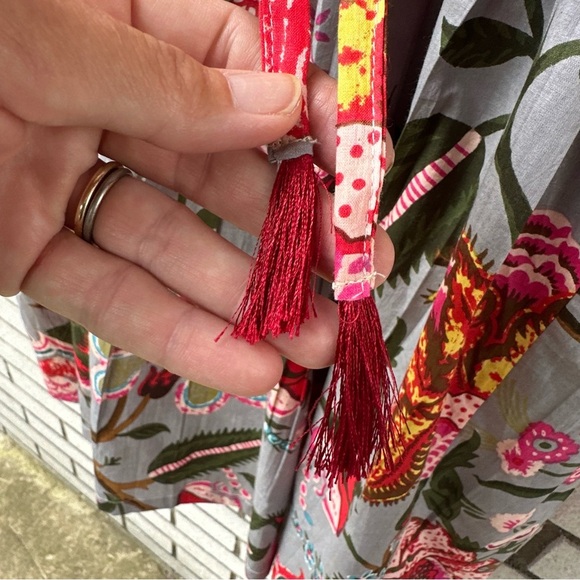 Handmade Cotton Block Print Floral Dress Gray Pink Tassel Tie Boho S India - Picture 4 of 10